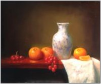 Blue Vase w Oranges and Grapes